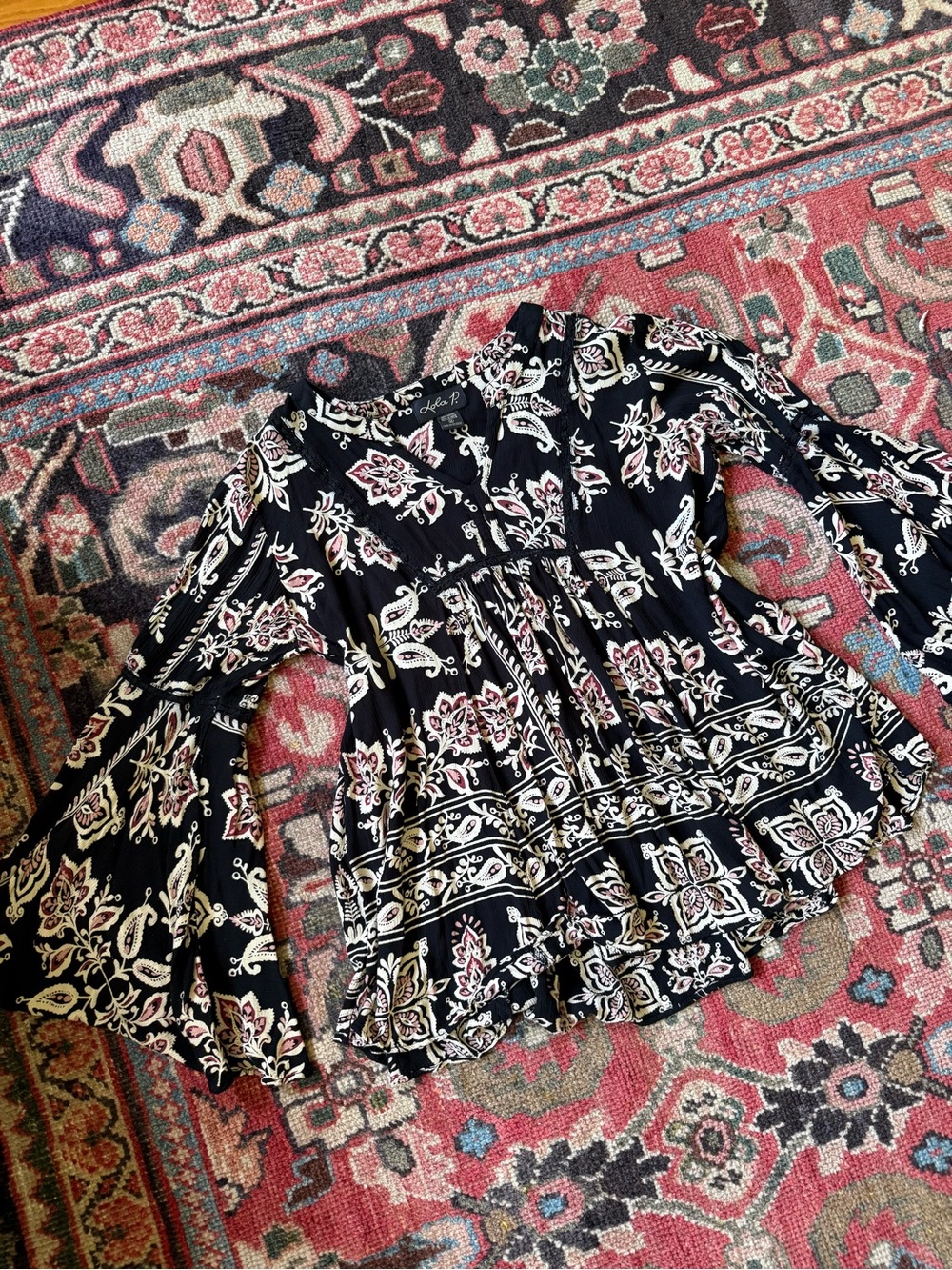 Black Floral Boho Bell Sleeve Blouse